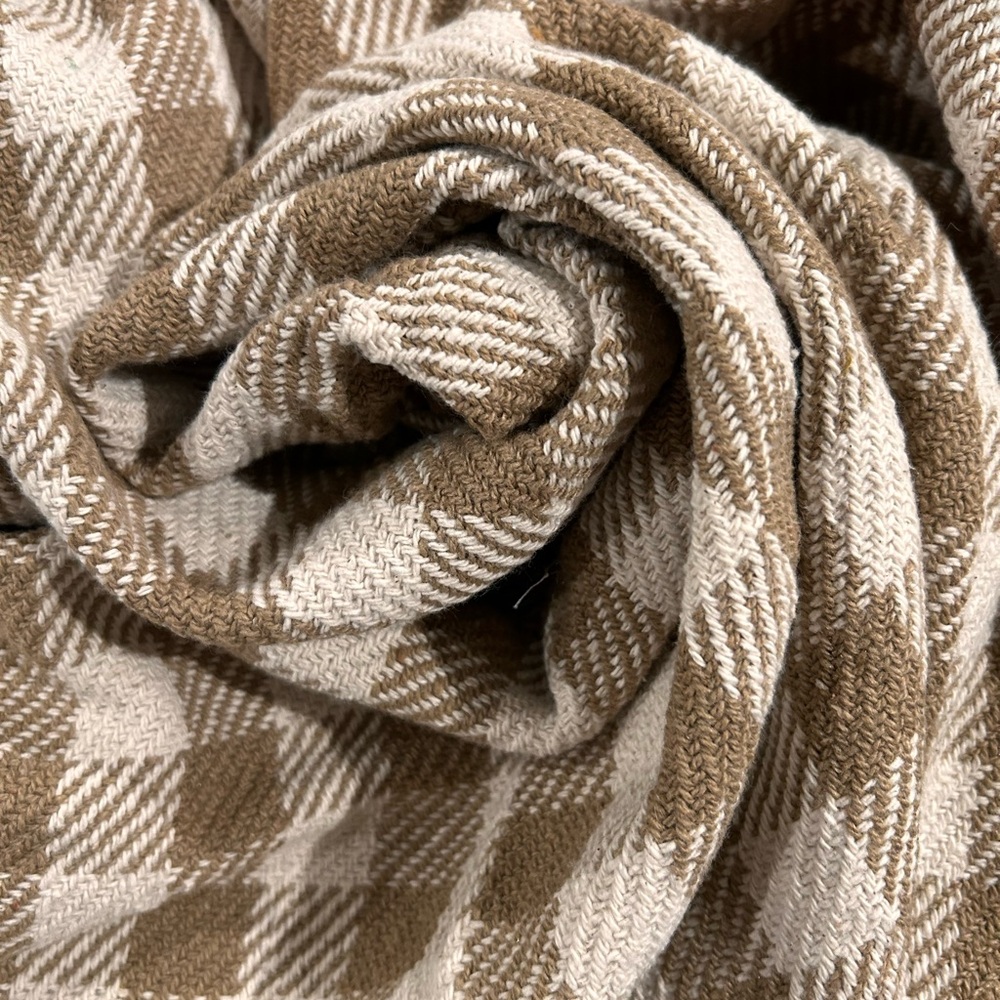 Checked Pom Pom Blanket Cotton Throw TAN Farmhouse Cabin Cottagecore